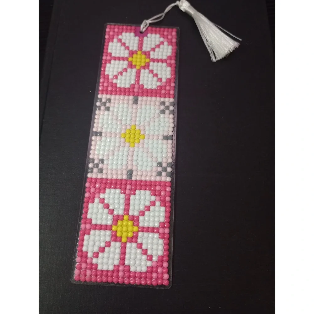 Handmade Diamond Painting Acrylic Bookmark Pink Floral White Tassel 6.5